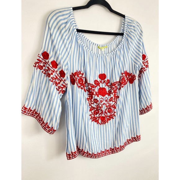 Gianni Bini Embroidered Peasant Blouse L Blue Boho Off the Shoulder Stripe Beach - Picture 5 of 9